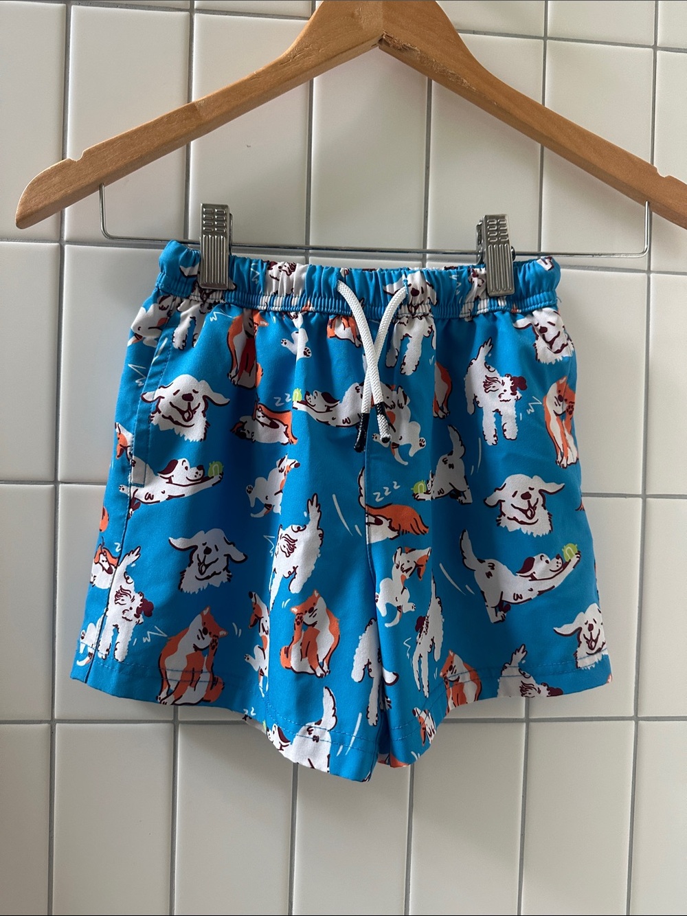 Bright Blue puppy print swim bottoms size 5-6, VGUC